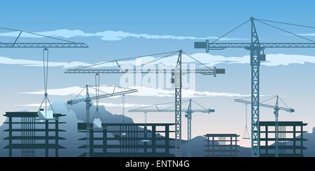 Seamless horizontal pattern with building yard and cranes. Stock Vector