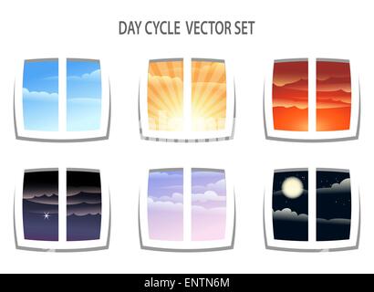 Set of six  colorful day cycle images. Different times of the day from window view. Isolated on white background. Stock Vector