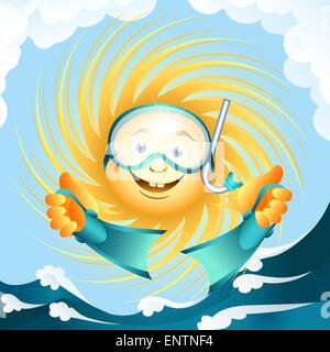 A vector illustration of sun in diving mask with flippers Stock Vector