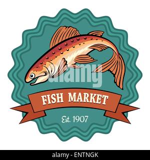 Fish market badge or emblem. No gradient used. Isolated on white background. Stock Vector
