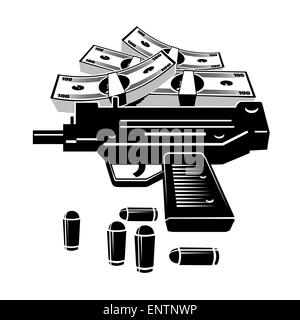 Illustration of uzi gun and lot of money. Isolated on white background. Stock Vector