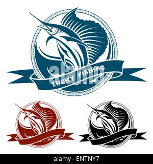 Retro nautical label with jumping sail fish drawn in three colors isolated on white Stock Vector
