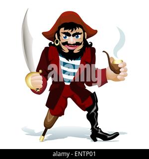 vector illustration of smiling pirate with smoking tube and saber Stock Vector