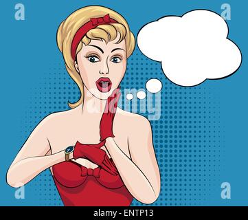 Pretty girl looking at wrist watch drawn in retro comic style. Stock Vector