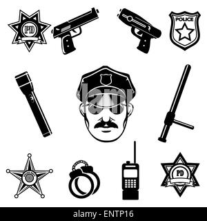 Police icon set. Isolated on white background. Only free font used. Stock Vector