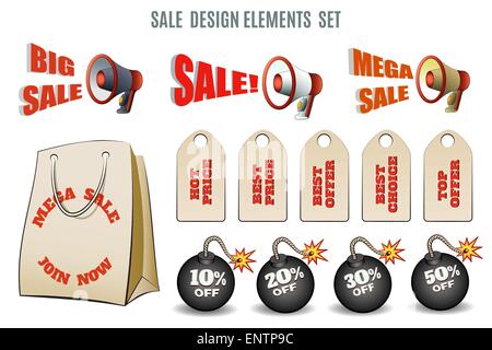 Sale design element set. Only free font used. Isolated on white background. Stock Vector