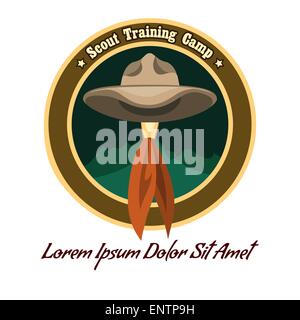 Scout camp colorful badge or logo. Drawn without meshes or gradients. Only free fonts used. Stock Vector