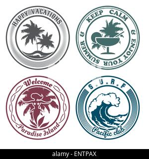 Set of summer holidays stamps or seal with design elements. Palm trees, cocktail, hula dancer, surf wave. Isolated on white back Stock Vector