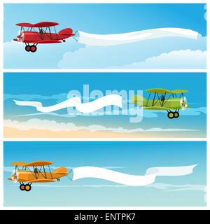 Set of flying airplanes with empty banners for your text. Isolated on white background. Stock Vector