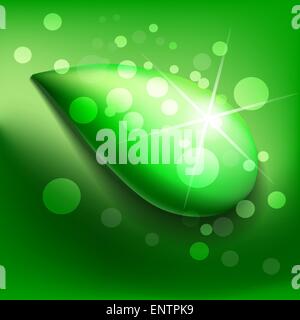 Dew drop with sparkle and bubbles on green background. Stock Vector
