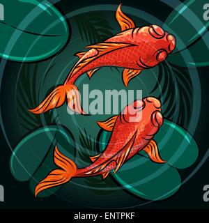 Pair of koi fishes in a pond drawn in cartoon style. Stock Vector