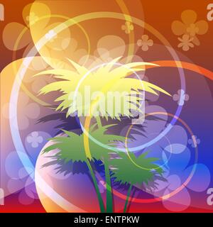 A vector illustration of palm trees against abstract colorful background Stock Vector