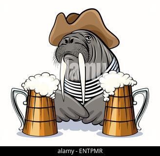 Humorous illustration of walrus with mugs full of beer. Isolated on white background. Stock Vector