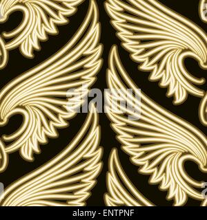 Seamless pattern with golden shiny wings. No gradient used. Stock Vector