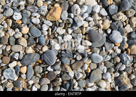 Pebble background texture with many pebbles of different sizes and shapes from Fistral beach Newquay Cornwall UK Stock Photo