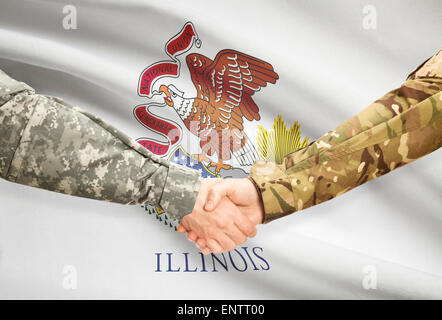 Soldiers handshake and US state flag - Illinois Stock Photo