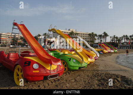 Pedal boats on the Arenal beach in the early morning in summer, Javea, Alicante, Spain Stock Photo