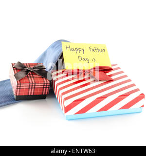 neck tie and two gift boxes with card tag write happy father day word on a white background Stock Photo
