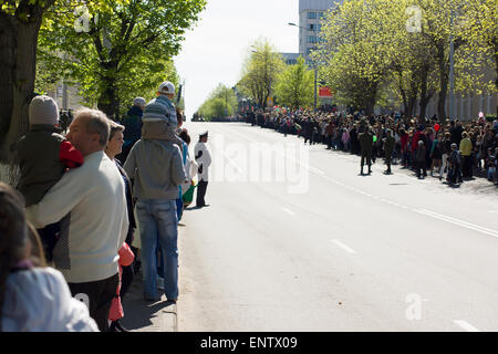9 May 2015; Belarus, Borisov: Illustration Parade of Victory Day in Borisov. People go for parade in honor of a Victory Day. Stock Photo