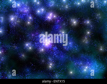Frosty starry sky with shining stars in the luminous blue haze Stock Photo