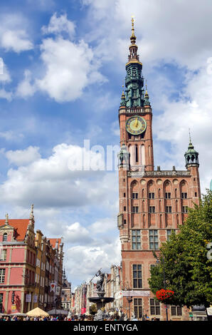 Scenic View Old Town Gdansk Poland with Neptune Statue, Main Town Hall and gabled tenement buildings. Stock Photo