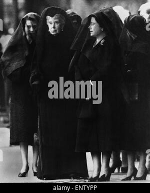 Three Queens.Queen Elizabeth Queen Mary & Queen Mother watch the body of the King being placed in Westminster Abbey. The acsension of Elizabeth came on her father's (George VI) sad death on February 6th 1953. She was in Kenya at the time so the proclamation was not official until the 8th. The three queens were rarely pictured together. Unfortunately Queen Mary died on the 24th March 1953. George VI was the third son she had seen die. George VI never found being king easy but his popularity was never in doubt. It was evidenced by the crowd who turned out to pay their respects at his funeral.
