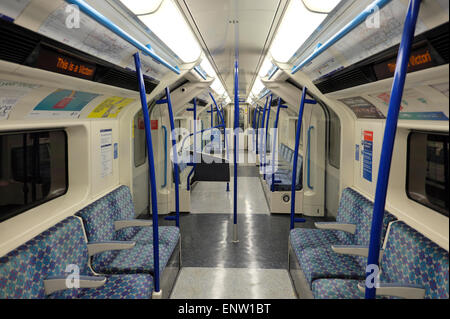 Interior view of an empty London underground Victoria line tube train carriage seating in London England UK KATHY DEWITT Stock Photo