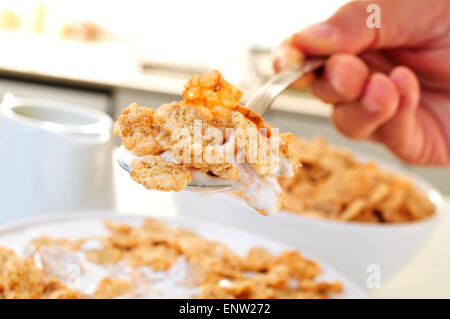 closeup of the hand of a young caucasian man with a spoon full of oatmeal cereals and yogurt for breakfast Stock Photo