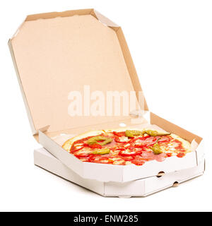 Open box with pizza. Spicy pizza Diabolo in carton boxes isolated on white background Stock Photo