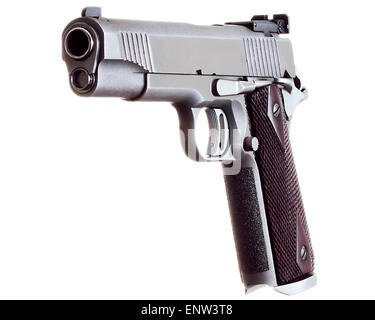 45 Caliber custom match grade stainless steel automatic pistol firearm gun on white background Stock Photo