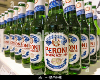 Peroni Beer Bottle Display, Eataly Italian Marketplace, NYC Stock Photo