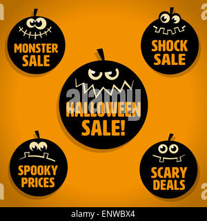 Five Scary Black Little Pumpkin Halloween Sale Icons on Orange background Stock Photo