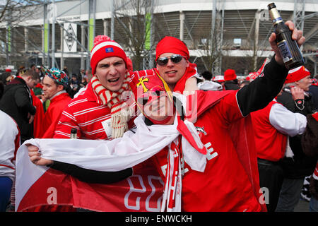 sports, football, Bundesliga, 2014/2015, Borussia Moenchengladbach versus 1. FC Cologne 1:0, Stadium Borussia Park, Cologne football fans in carnival costumes Stock Photo