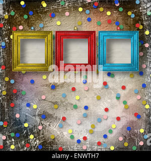 Three wooden frameworks for portraiture on the abstract background with confetti Stock Photo