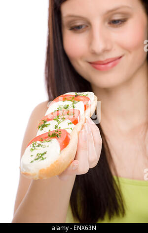 Healthy lifestyle - woman enjoy caprese sandwich Stock Photo