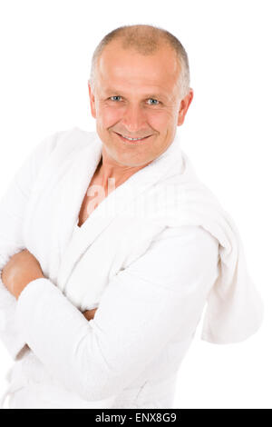 Male cosmetics - mature man in white bathrobe Stock Photo