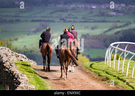 Middleham gallops in Wensleydale as homeward bound horse riders from the stables of G M Moore enjoy the view over the Yorkshire Dales after a gallop on the Moor. Middleham is established as a leading training centre in the UK where fifteen trainers are based. The facilities and layout have continued to improve allowing trainers to send out fit and competitive athletes and have been rewarded with further success at the top level. Stock Photo