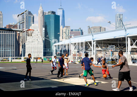 Brooklyn Bridge Park Basketball courts at night, New York, USA Stock