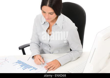 Successful business woman at office with charts Stock Photo