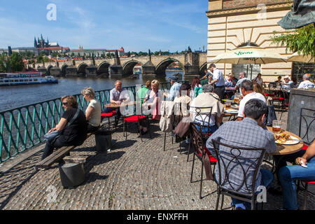 Prague restaurant Prague panorama view Prague Charles Bridge Prague Castle Vltava river Stock Photo