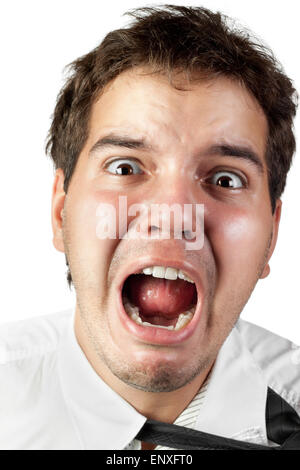office worker mad by stress screaming isolated Stock Photo