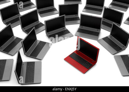 red laptop among gray similar isolated on white Stock Photo