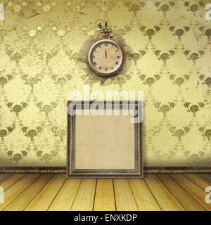 Antique clock face with lace on the wall in the room Stock Photo