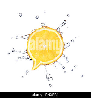 Lemon in shape of dialog box with water drops isolated on white Stock Photo