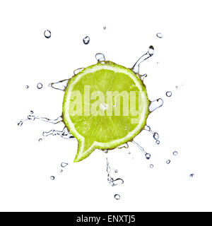 Lime in shape of dialog box with water drops isolated on white Stock Photo