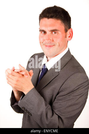 High view of businessman clapping against white background Stock Photo