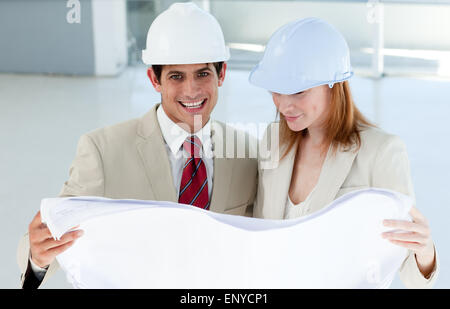 Two smiling engineers studying blueprints Stock Photo