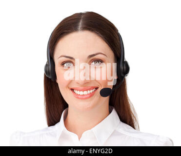 Confident businesswoman with headset on isolated on a white background Stock Photo