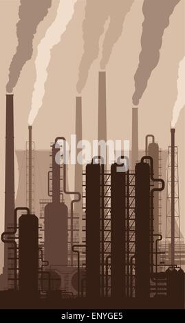 Oil refinery or chemical plant silhouette with smoking chimneys. Detailed vector illustration. Stock Vector