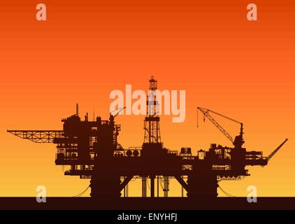 Sea oil rig at sunset. Oil platform in the sea. Detailed vector illustration. Stock Vector